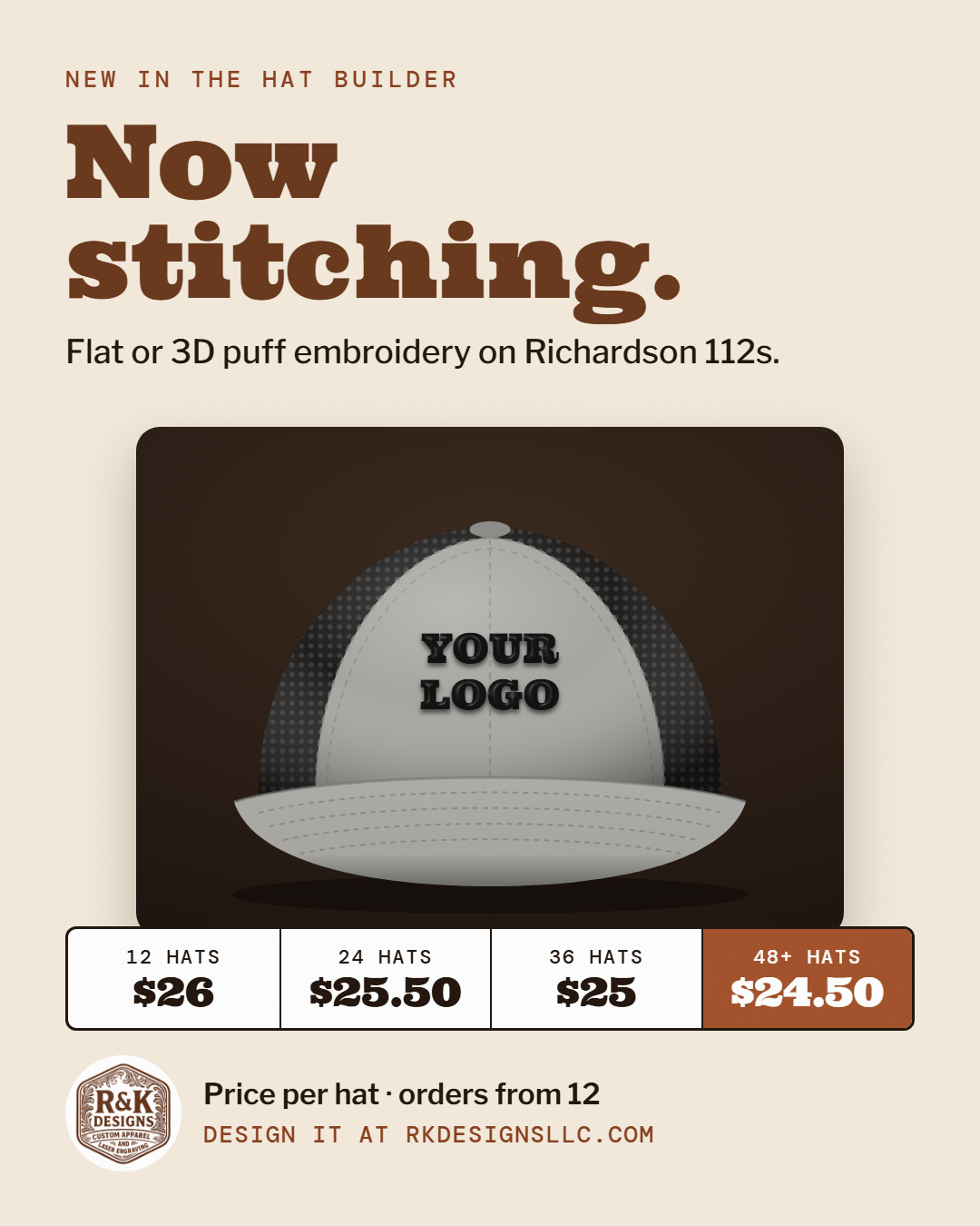 Now stitching: Flat or 3D puff embroidery on Richardson 112s.